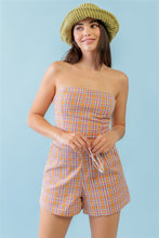 Load image into Gallery viewer, Orange & Aqua Plaid Print Cotton Strapless Crop Top & High Waist Two Pocket Shorts Set
