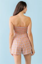Load image into Gallery viewer, Orange & Aqua Plaid Print Cotton Strapless Crop Top & High Waist Two Pocket Shorts Set