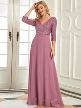 Charger l'image dans la galerie, Robes élégantes Robes de soirée élégantes longue col en V manches trois quarts robe a-ligne 2023 jamais jolie de paillettes en mousseline de soie simple robe de bal pour femmes