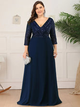 Charger l'image dans la galerie, Robes élégantes Robes de bal de grande taille longue sexy col en V A-ligne paillettes avec manches 3/4 2023 toujours jolie de robe de demoiselle d'honneur vert foncé femmes
