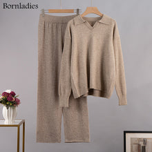 Load image into Gallery viewer, Bornladies Winter Thick Women Knitted Suits Cashmere Soft 2 Pieces Sets Female Polo Neck Sweater & Wide Leg Pants Knitted Outfit