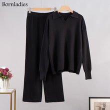 Load image into Gallery viewer, Bornladies Winter Thick Women Knitted Suits Cashmere Soft 2 Pieces Sets Female Polo Neck Sweater & Wide Leg Pants Knitted Outfit