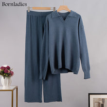 Load image into Gallery viewer, Bornladies Winter Thick Women Knitted Suits Cashmere Soft 2 Pieces Sets Female Polo Neck Sweater & Wide Leg Pants Knitted Outfit