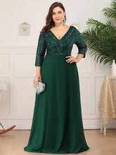 Charger l'image dans la galerie, Robes élégantes Robes de bal de grande taille longue sexy col en V A-ligne paillettes avec manches 3/4 2023 toujours jolie de robe de demoiselle d'honneur vert foncé femmes 
