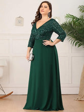 Charger l'image dans la galerie, Robes élégantes Robes de bal de grande taille longue sexy col en V A-ligne paillettes avec manches 3/4 2023 toujours jolie de robe de demoiselle d'honneur vert foncé femmes 
