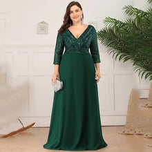 Charger l'image dans la galerie, Robes élégantes Robes de bal de grande taille longue sexy col en V A-ligne paillettes avec manches 3/4 2023 toujours jolie de robe de demoiselle d'honneur vert foncé femmes 
