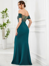 Charger l'image dans la galerie, Robes élégantes Robes de soirée magnifiques épaules dénudées queue de poisson manches courtes fendues 2023 toujours jolie de conception Paillette robe de demoiselle d'honneur bleu sarcelle 
