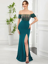 Charger l'image dans la galerie, Robes élégantes Robes de soirée magnifiques épaules dénudées queue de poisson manches courtes fendues 2023 toujours jolie de conception Paillette robe de demoiselle d'honneur bleu sarcelle 
