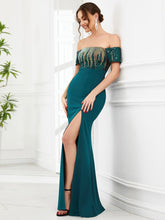 Charger l'image dans la galerie, Robes élégantes Robes de soirée magnifiques épaules dénudées queue de poisson manches courtes fendues 2023 toujours jolie de conception Paillette robe de demoiselle d'honneur bleu sarcelle 

