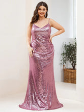 Charger l'image dans la galerie, Robes élégantes Plus la taille 7XL robes de soirée longue col en V sans manches robe à bretelles spaghetti 2023 Ever Pretty de paillettes Rose GoldProm femmes robe 
