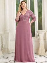 Charger l'image dans la galerie, Robes élégantes Robes de bal de grande taille longue sexy col en V A-ligne paillettes avec manches 3/4 2023 toujours jolie de robe de demoiselle d'honneur vert foncé femmes 
