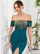 Charger l'image dans la galerie, Robes élégantes Robes de soirée magnifiques épaules dénudées queue de poisson manches courtes fendues 2023 toujours jolie de conception Paillette robe de demoiselle d'honneur bleu sarcelle 
